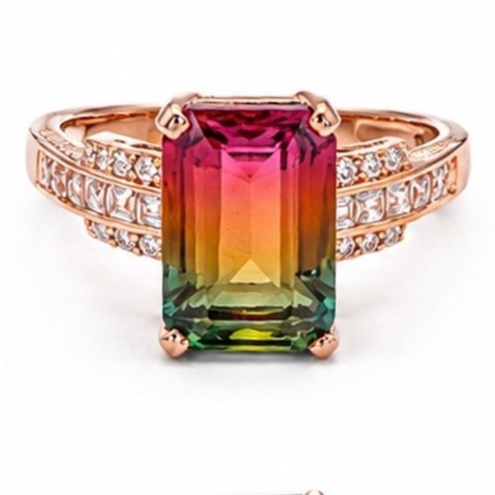 Watermelon Tourmaline Emerald Cut Rose Gold Ring Size 8 Art Deco Baguette Detail